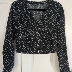 Madewell Black Blouse with White Floral Design